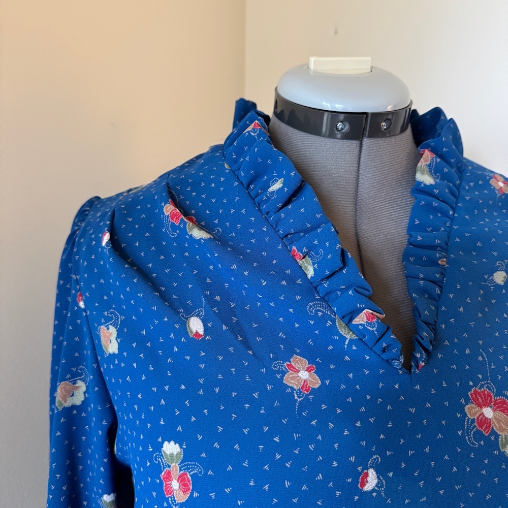 Vintage Tall Girl Prairie Midi Dress Blue Floral Ruffle Collar Size 12 Tall - Picture 11 of 16